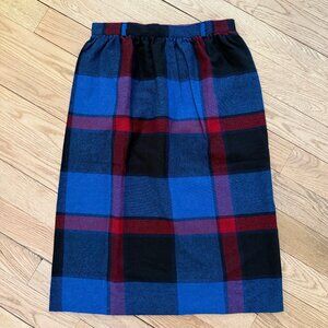 Vintage Blue Plaid Wool Blend Midi Skirt Large
